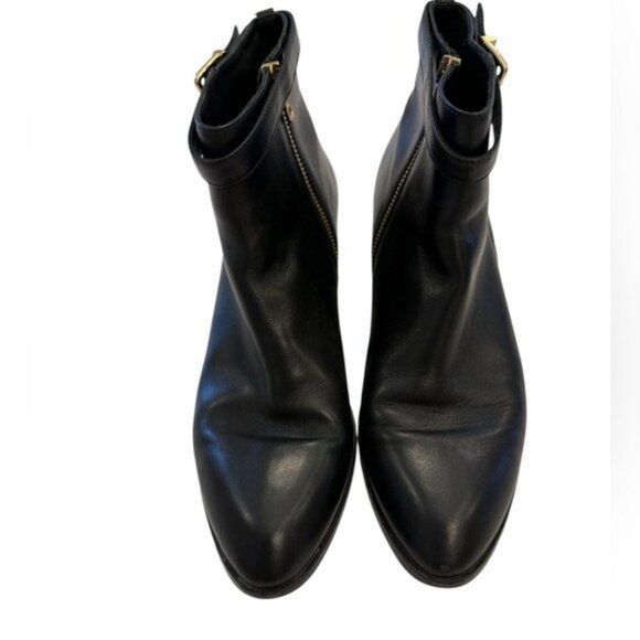 J Crew Womens Size 9.5 Bootie Heeled Italian Leather Black Side Zip With Buckle - Picture 2 of 11